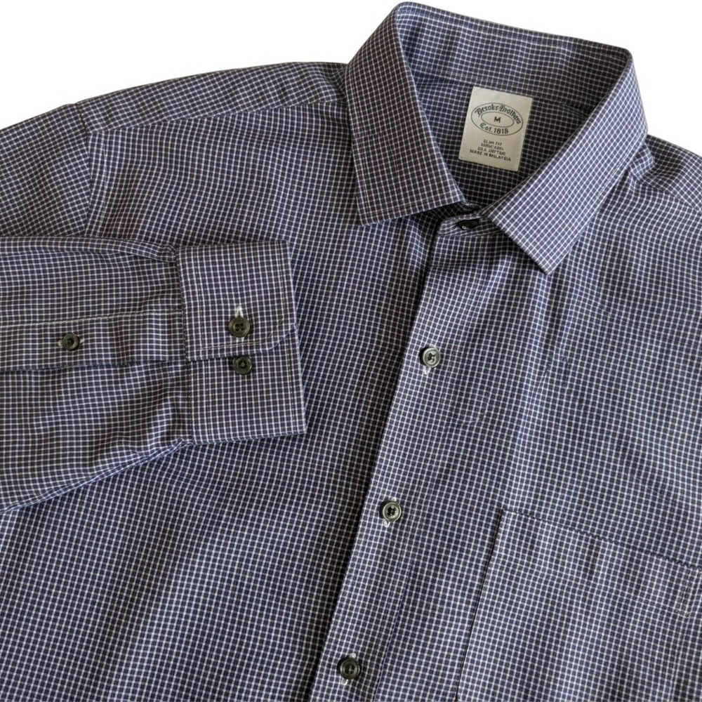 Brooks Brothers 1818 Slim Fit Shirt Mens M Non-Iron Cotton Blue Houndstooth